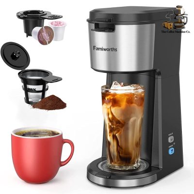 Famiworths Single Serve Coffee Maker, Hot and Iced Coffee Brewer for K-Cups and Ground Coffee, with Descaling Reminder and Self-Cleaning Feature, Perfect for Home, Office, and RV